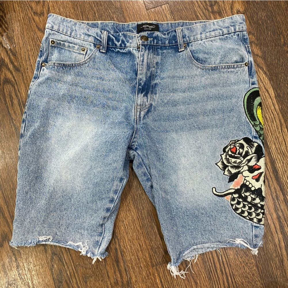 Ed Hardy Blue Relaxed Jeans with Distressed Details Skull and Snake Print